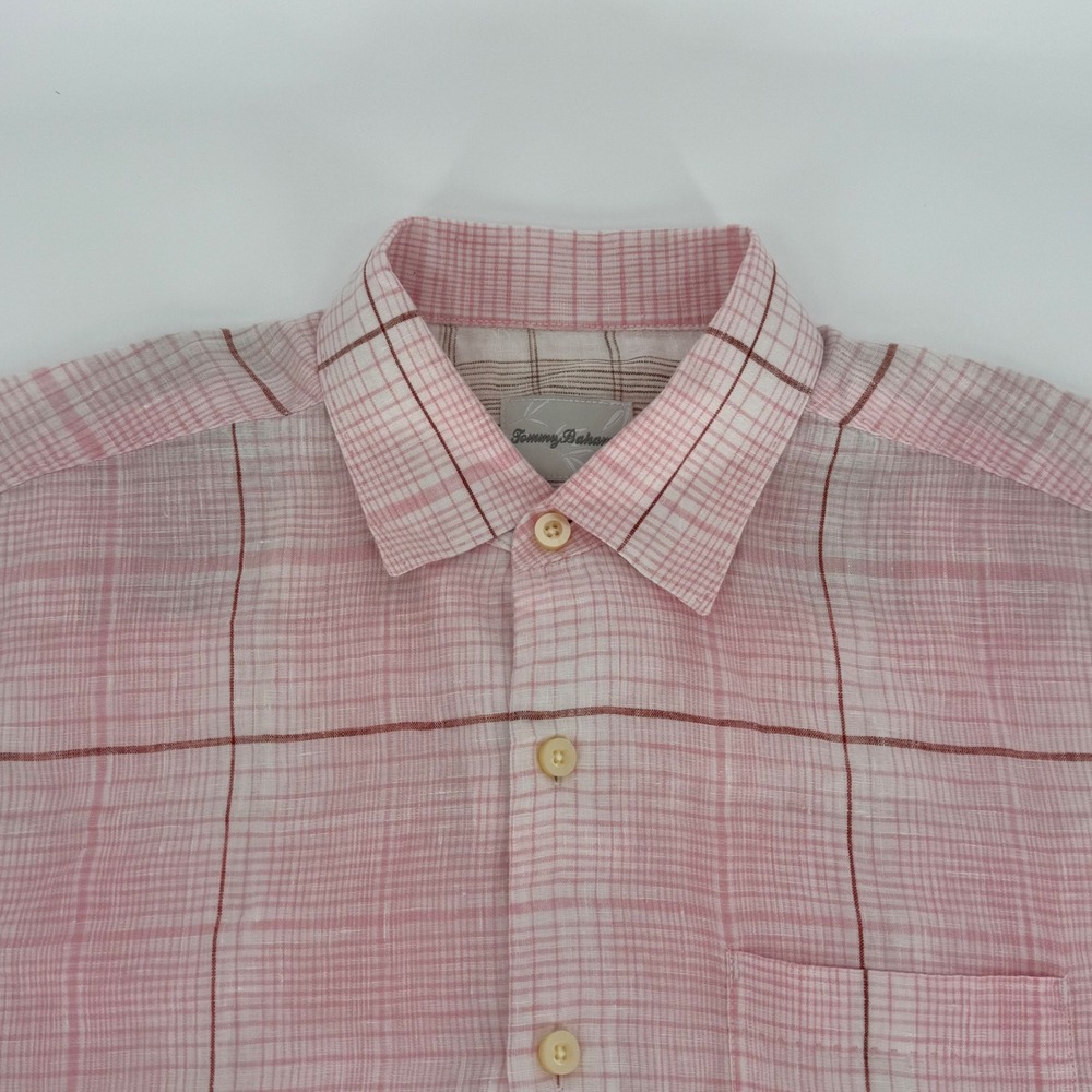 Tommy Bahama Mens Medium Pink Plaid 100% Linen Short Sleeve Button Down Shirt